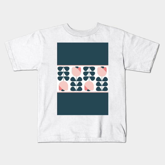 Retro Scandi Floral Navy Blue and Rose Kids T-Shirt by tramasdesign